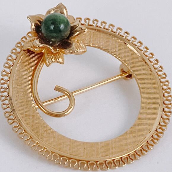 VTG Signed A&Z Brooch Gold Filled Green Jade Gemstone Circle Floral Mid Century - Picture 3 of 14